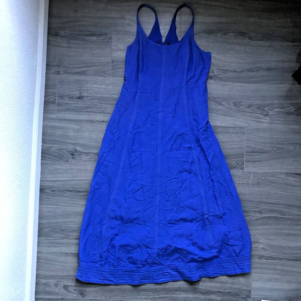Maeve Anthropologie Blue Navy Button Midi Sz Med Dress Pockets Ruffle Cap Sleeve